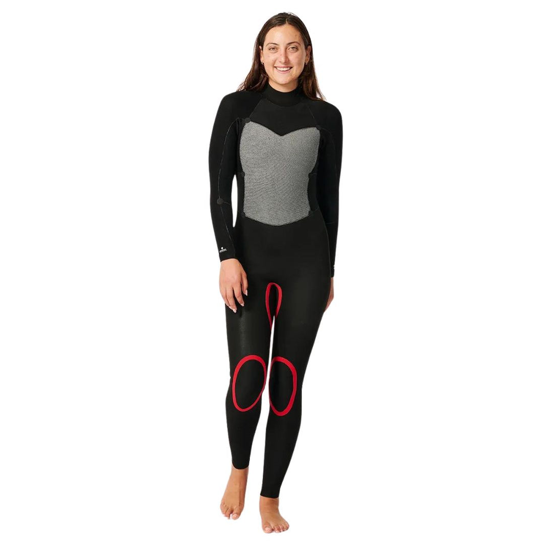 Studio Photo of model earing Rip Curl Omega 5/3mm Back Zip  Womens Wetsui inside out. Front view. 