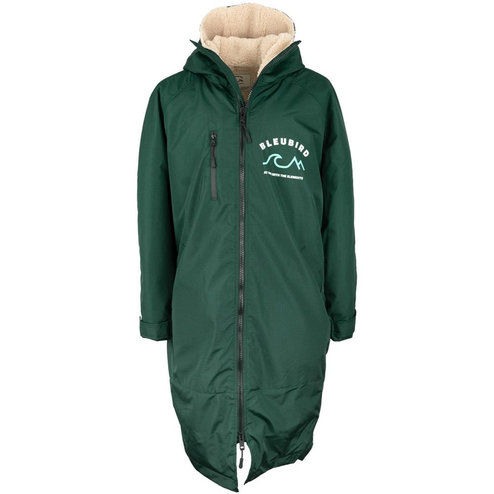 A long-sleeved green-colored Bleubird Nordic outdoor changing robe with a hood