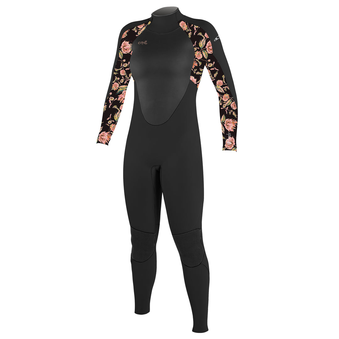 Front view of girls full length black wetsuit with floral patterns on the sleeves and a back zip entry. 