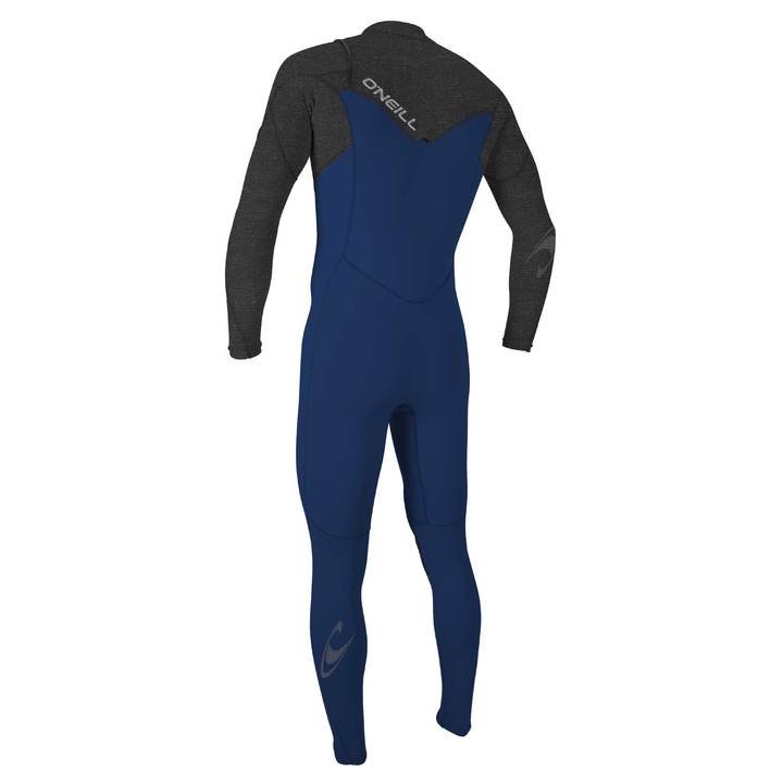 A child's full-body wetsuit with chest zip entry, featuring long grey sleeves and navy colour predominance. View of the back. 