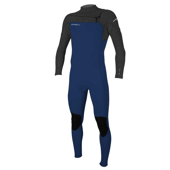 A child's full-body wetsuit with chest zip entry, featuring grey long sleeves and navy color predominance 