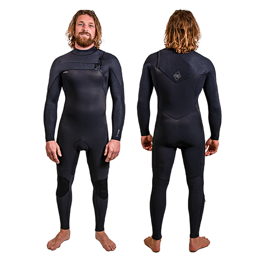 Model wearing a black O'Neill Hyperfreak 3/2mm mens wetsuit with a chest zip. Demonstrating the front and back views. 