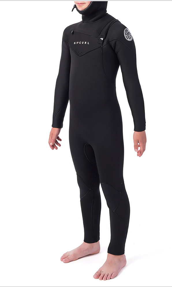 Body view of a model wearing a black Rip Curl Dawn Patrol kids hooded wetsuit